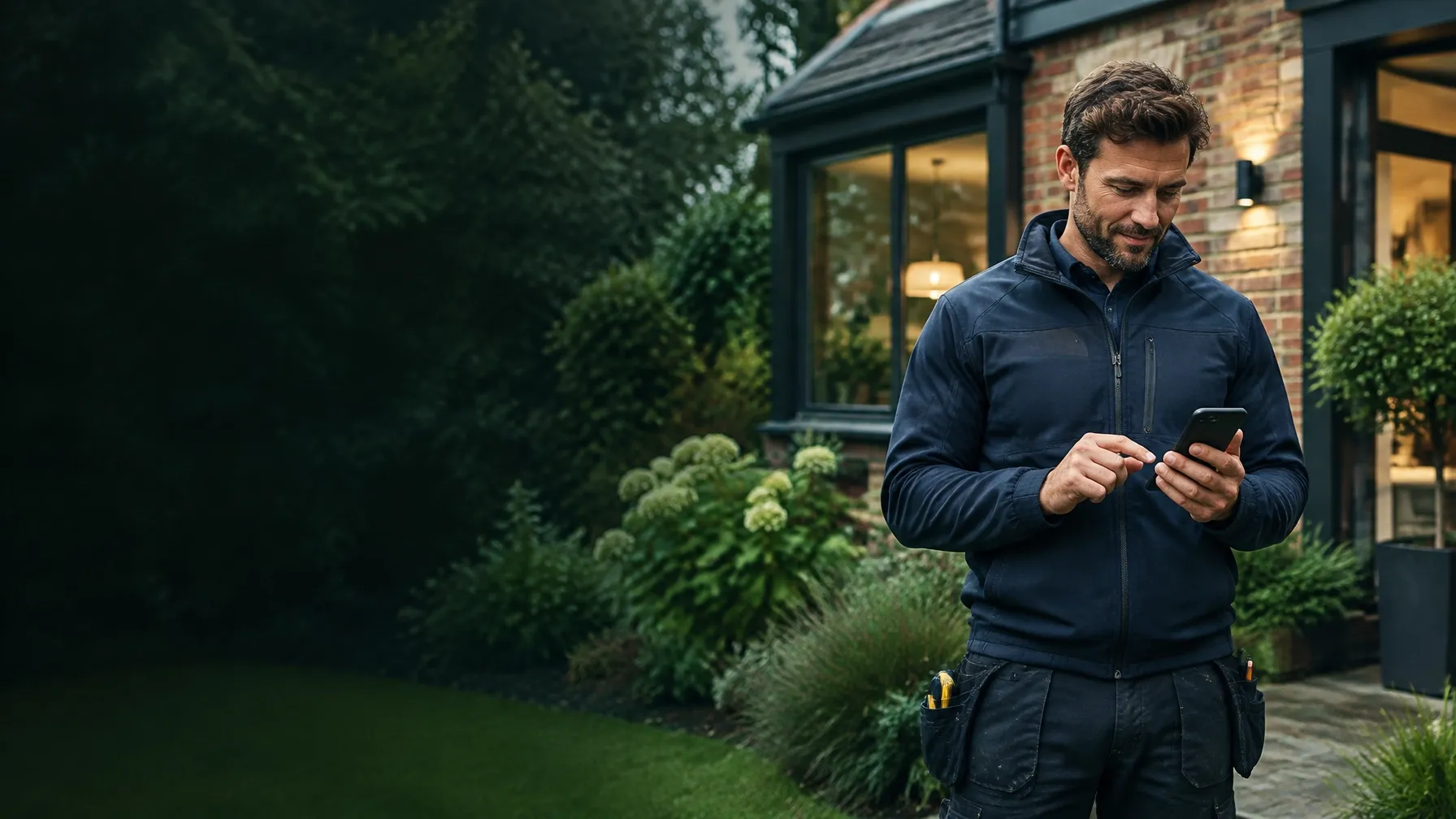 A local tradesperson reviewing a recent home-improvement project on a phone